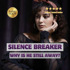 Op de afbeelding: Een vrouw met donker haar en een hoofdband, gekleed in een zwarte top, staat centraal in deze afbeelding. De tekst "SILENCE BREAKER WHY IS HE STILL AWAY?" wordt weergegeven. Een gouden zegel leest "SAME HOUR" en een banner "5-Star Rated Seller."