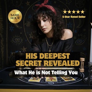 May include: A woman with dark hair and a red headband is seated at a table with tarot cards. The text "HIS DEEPEST SECRET REVEALED" and "What He is Not Telling You" is displayed. A gold seal reads "SAME HOUR" and "5-Star Rated Seller".