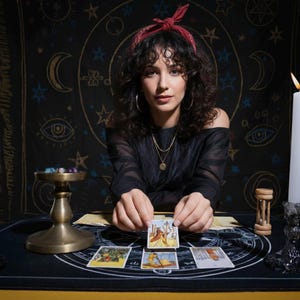 Puede incluir: Una mujer con cabello rizado y una diadema roja est&aacute; sentada en una mesa con cartas del tarot. Lleva un top negro con hombros descubiertos y collares dorados. El fondo es una tela negra con s&iacute;mbolos celestiales, y se ve una vela encendida.