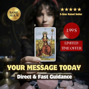 Könnte beinhalten: Eine Tarotkarte mit "Die Herrscherin", einer Frau in rotem Kleid und goldener Krone. Das Bild enthält den Text "Ihre Botschaft heute" und "Direkte & schnelle Beratung". Ein goldenes Siegel zeigt "Gleiche Stunde".