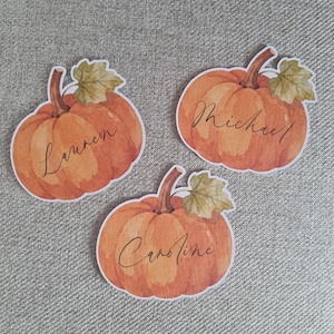 May include: Three orange pumpkin-shaped stickers with green leaves and stems. Each sticker features a name written in black cursive script: Lauren, Michael, and Caroline. The pumpkins have a textured, watercolour-style appearance with visible vertical ridges.