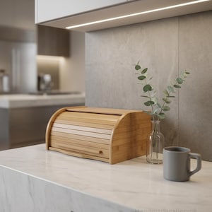 Natural Bamboo Bread Box for Kitchen Counter | Wooden Roll Top Bread Bin | Farmhouse Kitchen Food Storage Organizer | Rustic Bread Keeper