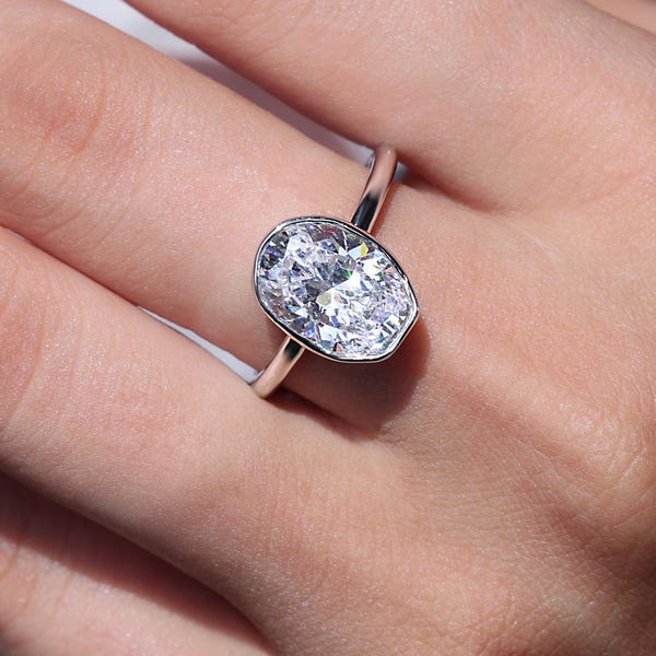 Anello di fidanzamento con diamante solitario incastonato a castone infinito, anello con moissanite taglio ovale da 3 ct, anello in argento 925, anello nuziale, regali di anelli classici