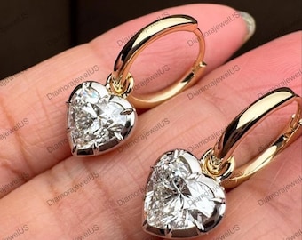 Huggie Hoop Earrings 2 TCW Heart Moissanite Set In Georgian Style Cut Down Setting Two Tone  Georgian Look Earring