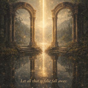 May include: A mystical image depicting two classical archways reflected in water, with a bright light emanating from between them. The text reads "MIRROR GATE", with the phrases "Let all that is false fall away. I see what I am." and a phone number.
