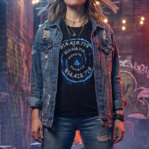 May include: A black t-shirt with a blue graphic design and the numbers 814.418.719. The person is wearing a denim jacket, ripped jeans, and a beanie. The background is a brick wall with graffiti and string lights.