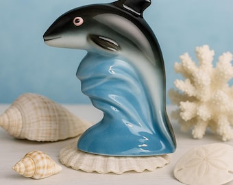 Vintage Ceramic Dolphin Figurine – Made in Brazil – Ocean Wave Design