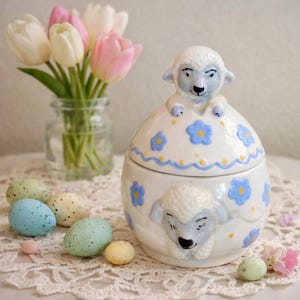 Vintage Ceramic Lamb Covered Dish, Blue Flowers, Cottagecore Nursery Decor