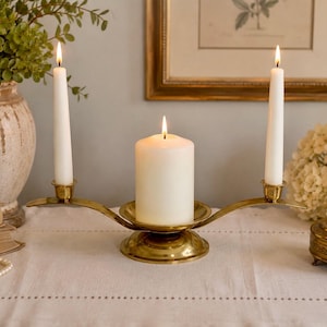 Vintage Solid Brass Unity Candle Holder | Three Candle Candelabra, Mid Century Centerpiece