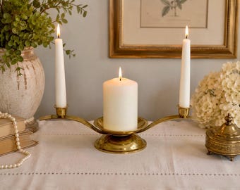 Vintage Solid Brass Unity Candle Holder | Three Candle Candelabra, Mid Century Centerpiece