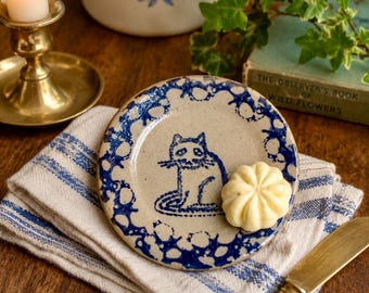 Handmade Blue Cat Pottery Butter Pat | Rustic Stoneware Folk Art Dish