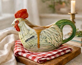 Rooster Gravy Boat | Farmhouse Chicken Pitcher | Stoneware Serveware | Cottage Kitchen Decor | Country Style Dish