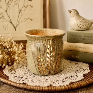 Signed Studio Pottery Candle Holder | Handmade Stoneware Wheat Luminary, Rustic Farmhouse Tealight Holder