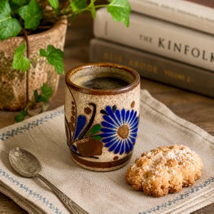 May include: A cylindrical ceramic mug with a speckled beige finish, featuring a hand-painted blue floral design with green accents. The mug is filled with dark coffee and sits on a light-colored linen napkin next to a silver spoon and a cookie.