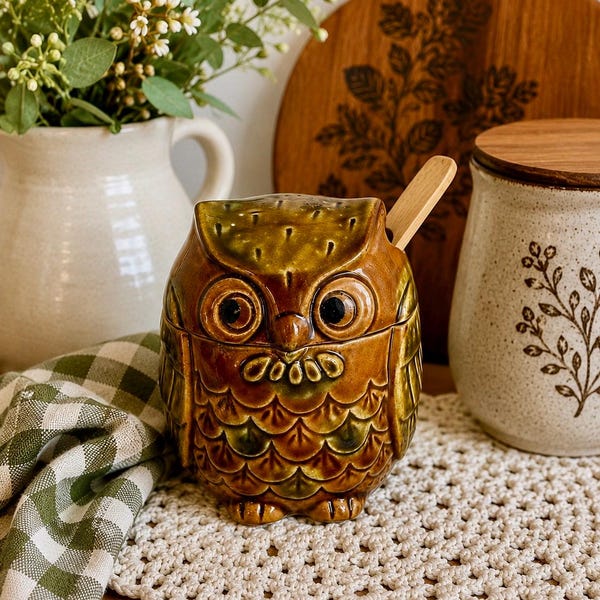 Vintage Owl Sugar Bowl with Spoon, Brown Olive Ceramic Canister, 1970s Woodland Kitchen Decor