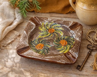Mid Century Italian Ashtray | Hand Painted Sunflower Ceramic Dish, Brown Drip Glaze Catchall