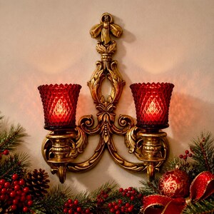 Vintage Home Interiors Double Wall Sconce Ruby Red Votive Cups Gold Ornate Candle Holder Hollywood Regency Decor