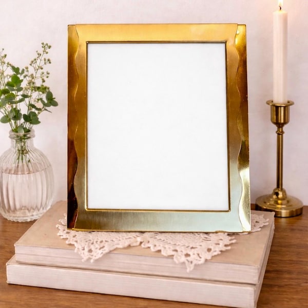 Vintage 1990s Brass Matte Gold 8x10 Picture Frame | Wavy Edge Metal Desk Photo Frame