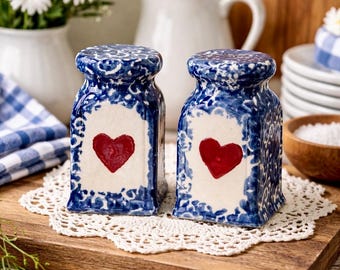 Vintage Blue Spongeware Heart Salt Pepper Shakers | Country Cottage Farmhouse Kitchen Decor