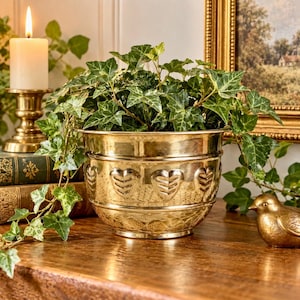 May include: A polished brass planter featuring a repeating embossed heart pattern around the exterior. The round metal vessel contains a lush green ivy plant with trailing vines that spill over the sides of the container onto the surface.