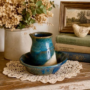 Signed Studio Pottery Pitcher and Bowl Set | Blue Drip Glaze Stoneware Farmhouse Decor