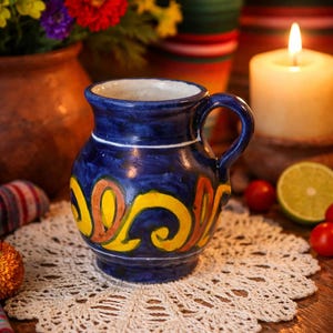 Vintage Hand-Painted Mexican Pottery Pitcher – Cobalt Blue Folk Art