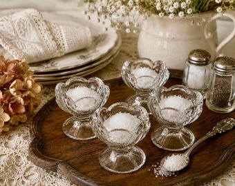Set of 4 Vintage Scalloped Glass Salt Cellars | Pedestal Open Salts, Farmhouse Decor