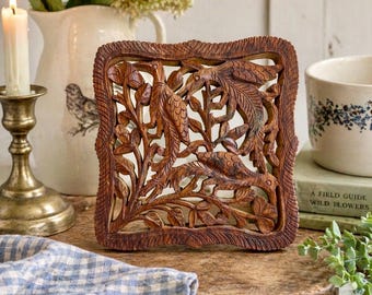 Hand Carved Indian Wood Trivet | Bird Floral Lattice Folk Art Kitchen Decor