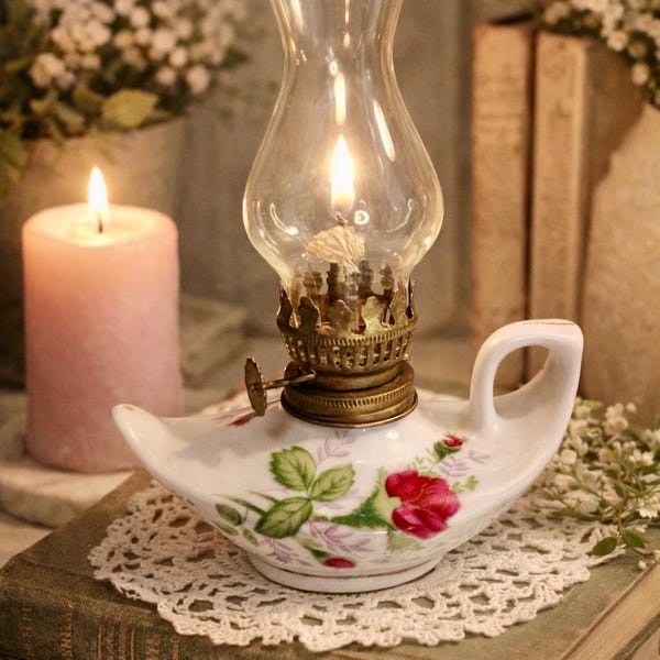 Vintage Porcelain Mini Oil Lamp with Glass Chimney – Floral Rose Pattern – Cottagecore Decor