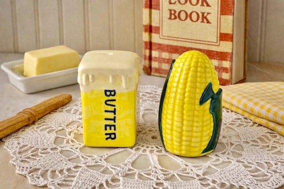 Vintage Corn & Butter Salt and Pepper Shakers | Mid Century Kitchen Decor | Ceramic Novelty Shakers | Farmhouse Retro Table Decor