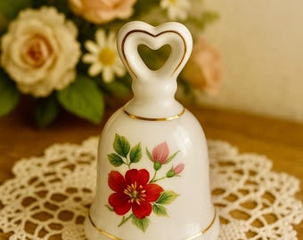 Vintage Enesco Porcelain Bell, Red Floral, Heart Handle, Cottagecore