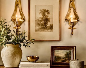 Vintage Brass Wall Sconces with Snuffer Arms, Pair, Indian Hollywood Regency Decor