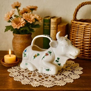 May include: A white ceramic cow-shaped planter with a handle, decorated with colorful floral accents. The planter is resting on a cream-colored doily. A lit candle and a vase of flowers are in the background.