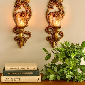 Vintage pair HOMCO Gold Wall Sconces – Ornate Floral Scroll Candle Holders - 4118