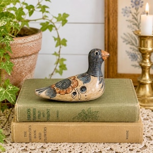 May include: A ceramic bird figurine featuring a dark gray head and beak, with a cream-colored body decorated with hand-painted floral patterns in shades of orange, black, and gray. The bird is positioned resting on top of two stacked hardcover books.