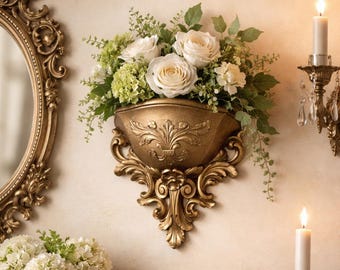 Vintage MCMLXXIII Homco Gold Wall Sconce – Ornate Floral Scroll Design – Hollywood Regency Decor