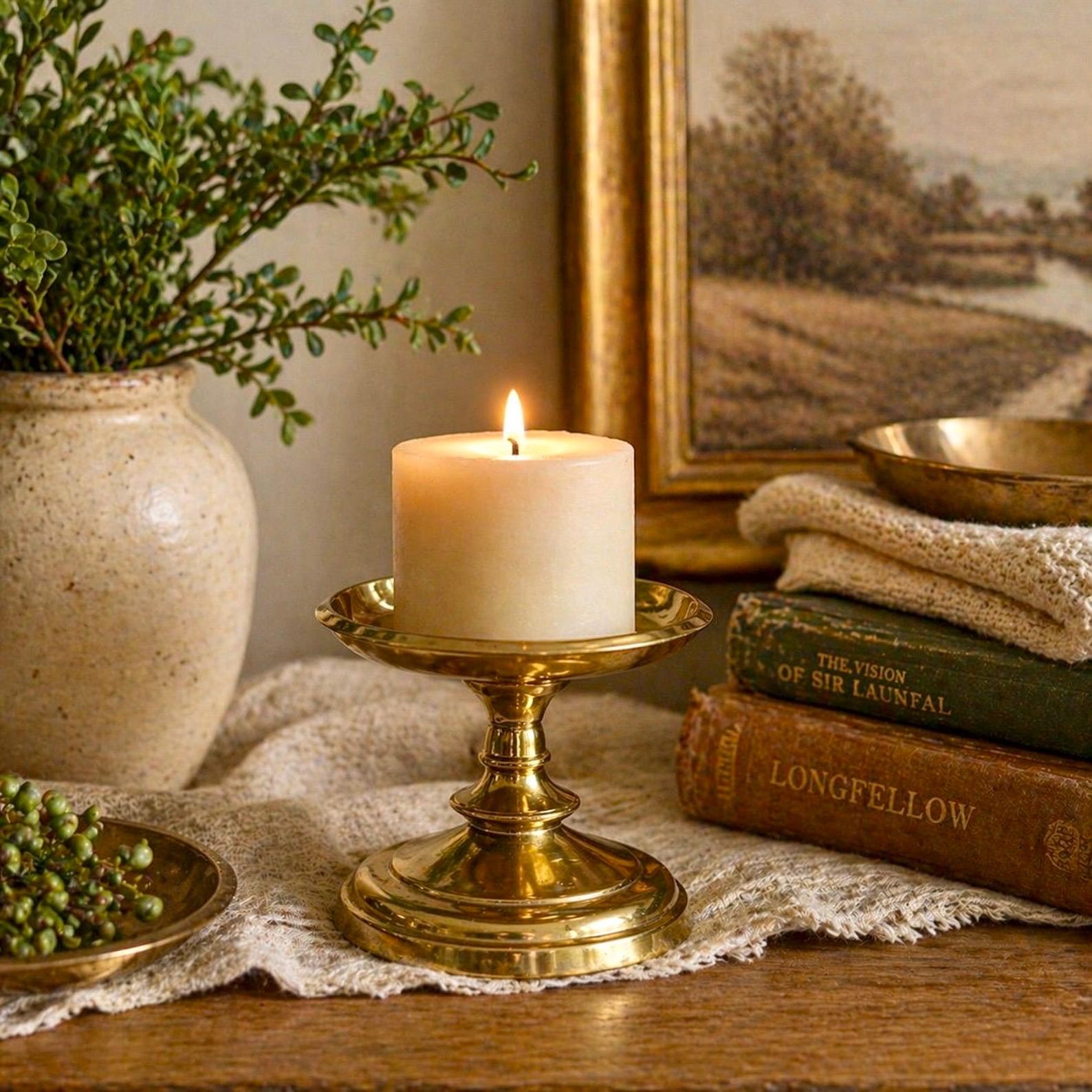 Vintage Solid Brass Pillar Candle Holder | Low Profile Compote Style Candlestick