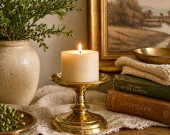 Vintage Solid Brass Pillar Candle Holder | Low Profile Compote Style Candlestick