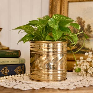 Vintage Solid Brass Planter | Art Deco Geometric Cachepot, Hollywood Regency Decor