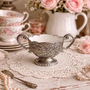 May include: A silver-colored, ornate bowl with floral detailing and two handles sits on a lace doily. Pink roses in a white pitcher and stacked teacups with floral patterns are in the background. A pearl necklace and spoon are also visible.