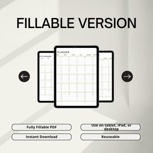 May include: Digital planner displayed on three black tablets. The word "PLANNER" is visible, along with months of the year. Text at the top reads "FILLABLE VERSION." Additional text includes "Fully Fillable PDF," "Instant Download," "Use on tablet, iPad, or desktop," and "Reusable."