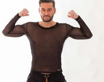 Black long sleeve tshirt- Black transparent top -  Sheer Tulle - Black Mesh long sleeves- Mixedesigns lab Mens Fashion