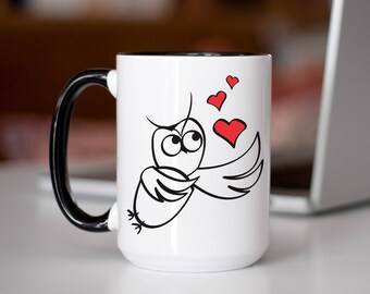 Owl Mug with Hearts, Coffee Mug, Valentine's Day Gift, Ceramic