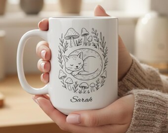 Custom Cat Curled in Mushroom Ring Mug, Ceramic Name Personalized Mug
