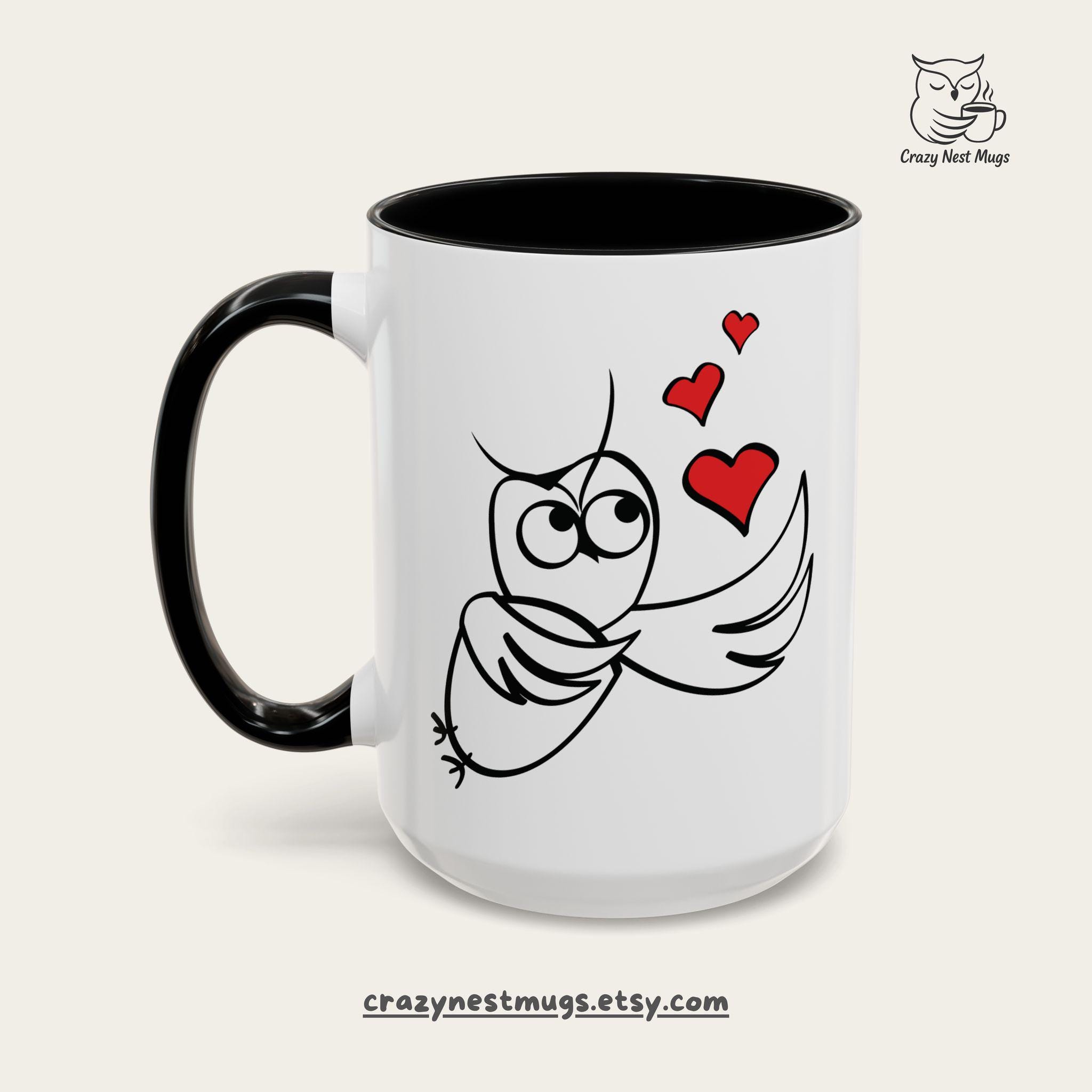 Cute Owl Mug with Hearts 11 & 15oz, Funny Bird Coffee Cup, Gift for Owl Lover, Valentines Day Mu