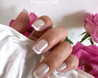 Unghie finte French Tips: fatte a mano, effetto occhi di gatto, riutilizzabili, per tutti i giorni, forma quadrata