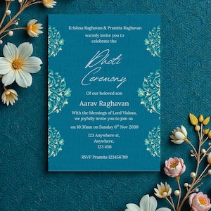 luxury Teal invitation card for a Dhoti Ceremony, with floral accents and text. Dhoti Ceremony Invitation Template • South Indian Veshti Invite (Digital Download)