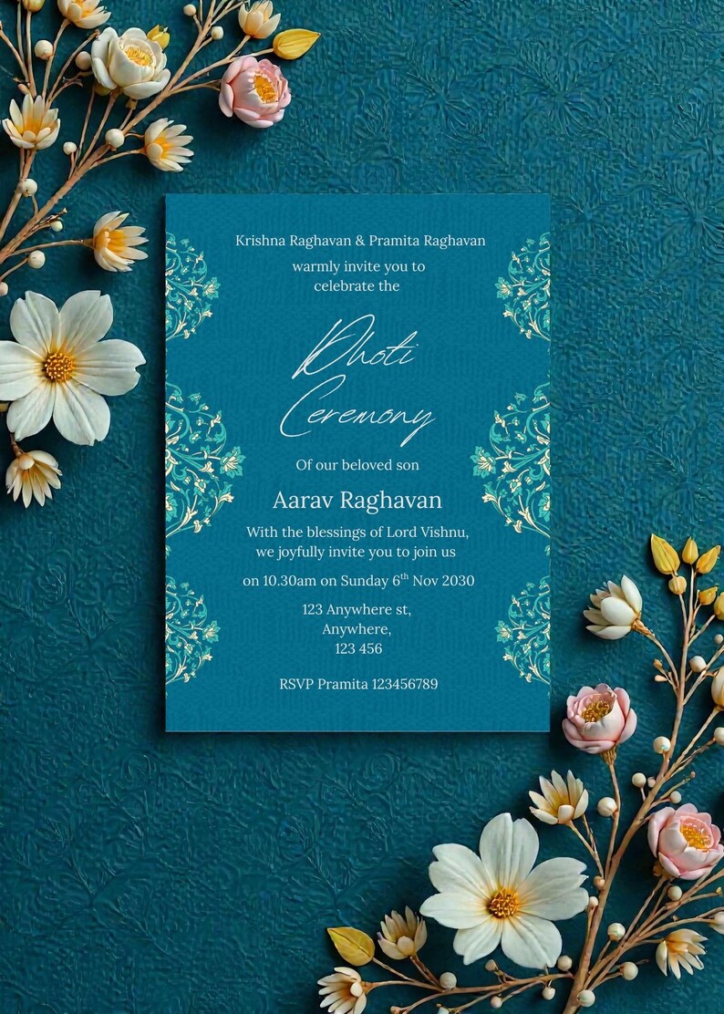 luxury Teal invitation card for a Dhoti Ceremony, with floral accents and text. Dhoti Ceremony Invitation Template • South Indian Veshti Invite (Digital Download)