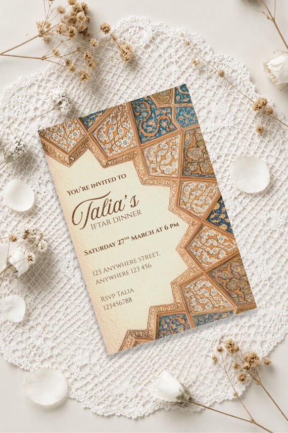 Elegant Ramadan Iftar Invitation Template | Blue & Gold Arabic Design (Editable Canva Template)