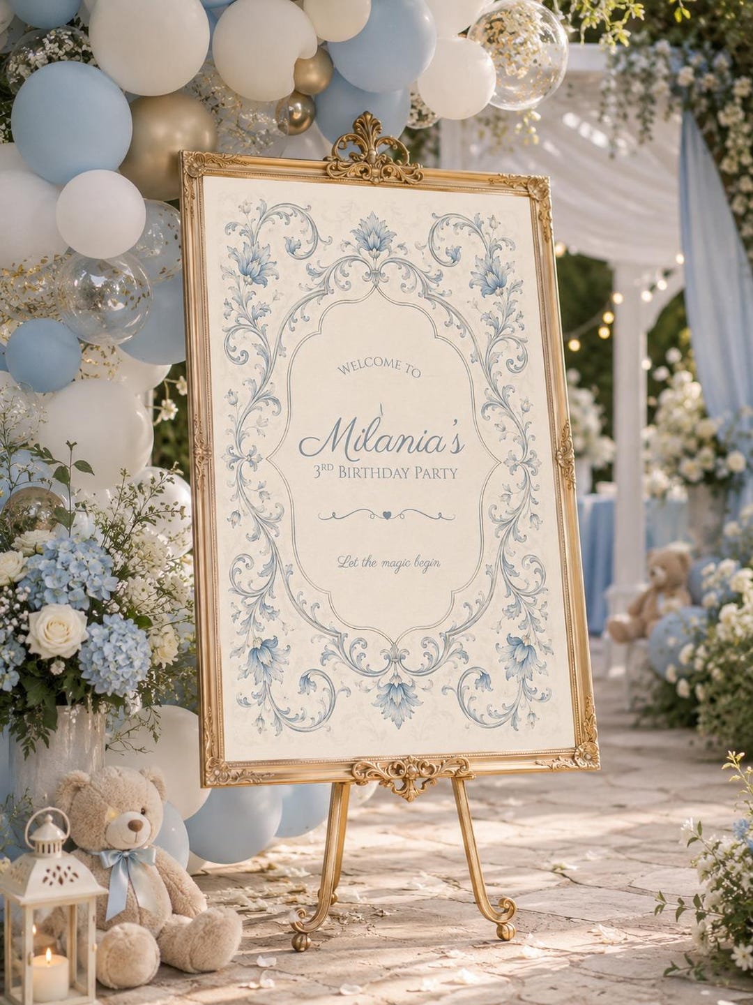 blue-vintage-floral-birthday-welcome-sign-elegant-party-entrance
